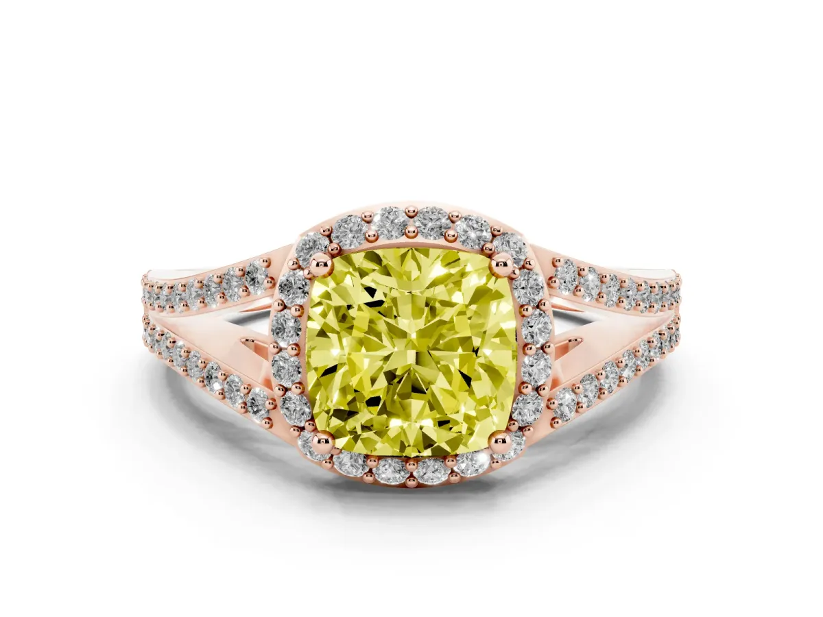 Fancy Yellow Cushion Cut Halo Split Shank Pave Diamond Ring with Four-Prong Setting Rose gold