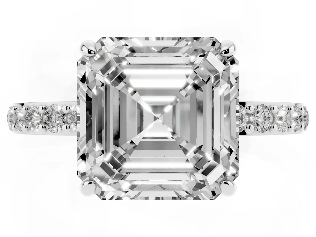 Asscher Cut Diamond Pavé Engagement Ring with Round Accents and Prong Setting Silver