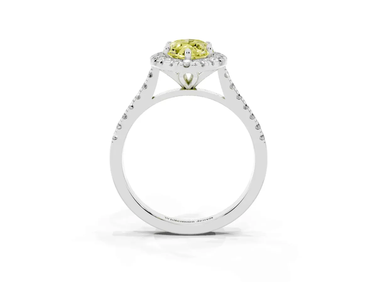 Fancy Yellow Marquise Cut Diamond Cushion Halo Ring with Pavé Band Platinum