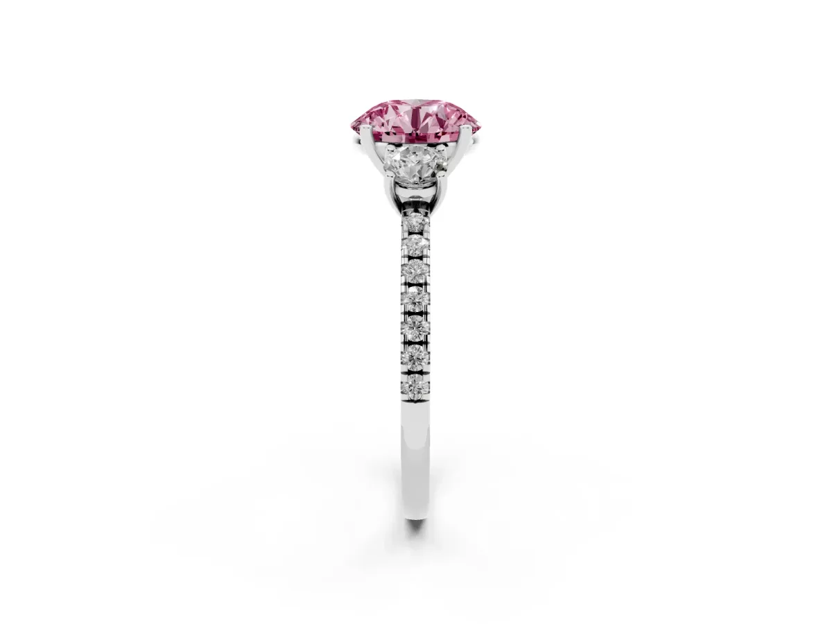 Fancy Pink Three-Stone Round Cut Cut Diamond Pavé Band with Prong Setting Silver