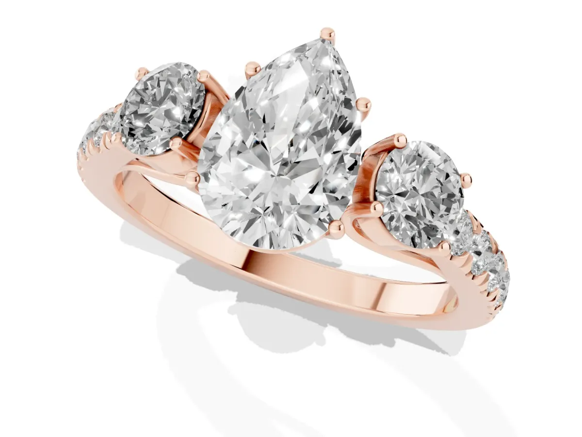 Pear Cut Cut Diamond Three-Stone Ring with Round Side Stones and Pavé Band Rose gold