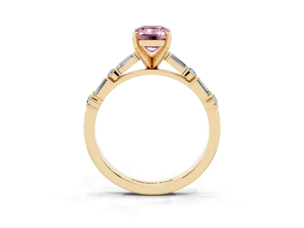 Fancy Pink Emerald Cut Diamond Solitaire with Side Baguettes and Channel Set Band Yellow gold