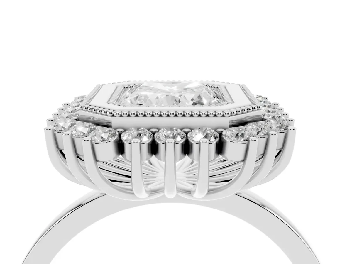 Radiant Cut Halo Diamond Ring with Milgrain Edge and Round Prong Setting Silver
