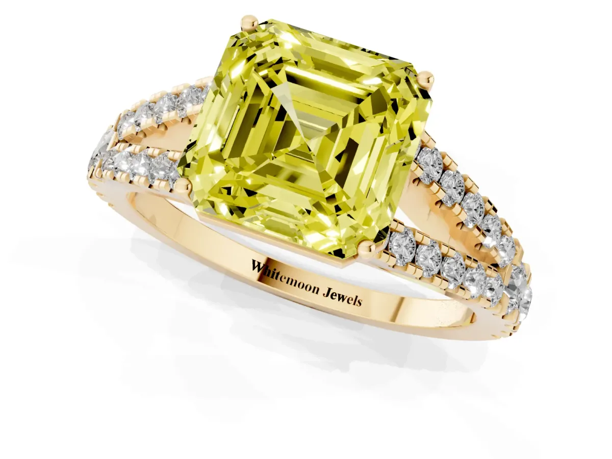 Fancy Yellow Asscher Cut Diamond Split Shank Pavé Engagement Ring with Four-Prong Setting Yellow gold