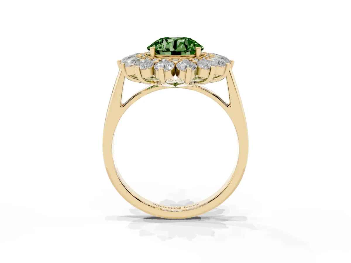 Fancy Green Round Cut Diamond Floral Double Halo Engagement Ring with Prong Setting Yellow gold