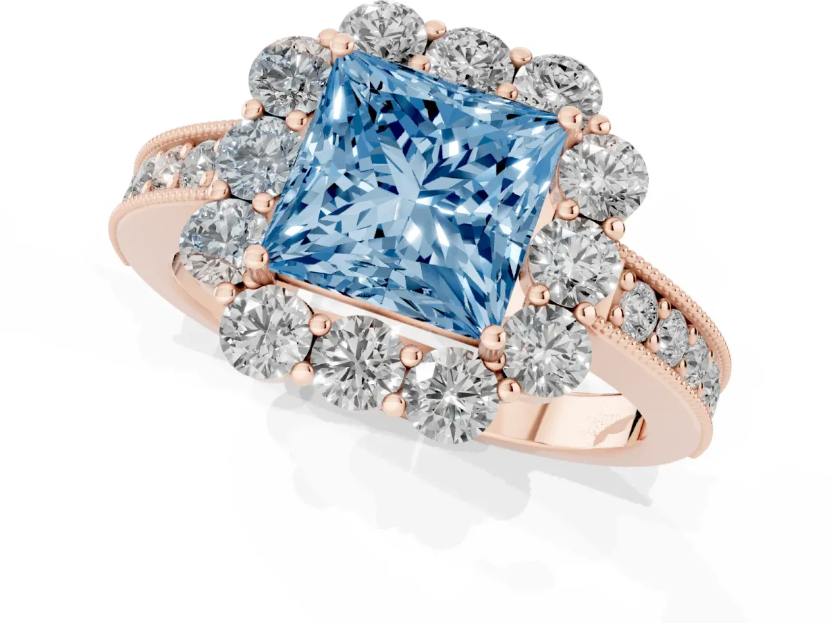 Fancy Blue Princess Cut Cut Halo Diamond Pavé Engagement Ring with Milgrain Detailing Rose gold