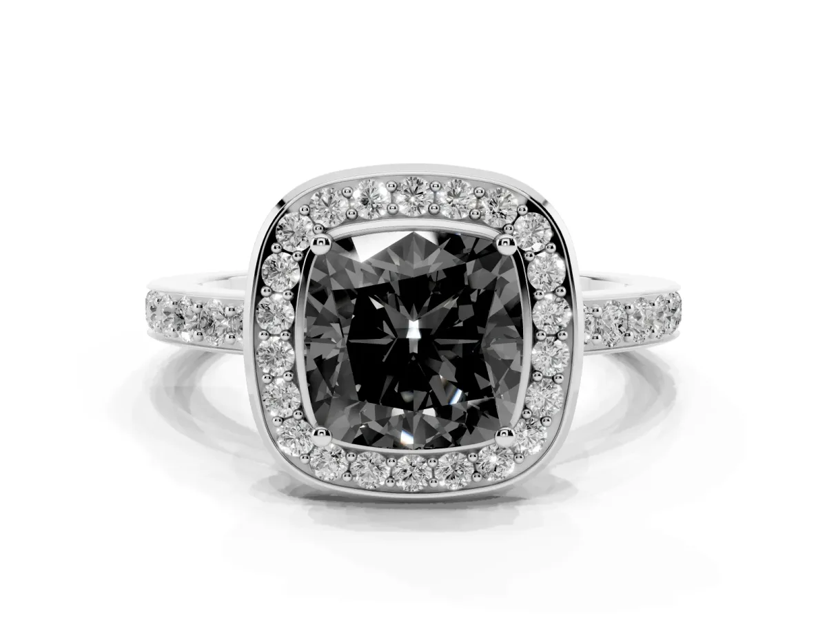 Fancy Black Cushion Cut Diamond Halo Ring with Bezel Frame and Pavé Band Silver