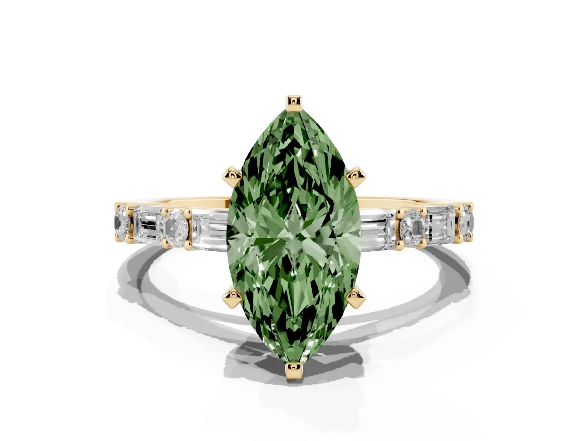 Fancy Green Marquise Cut Diamond Solitaire with Side Baguettes and Channel Set Band Yellow gold