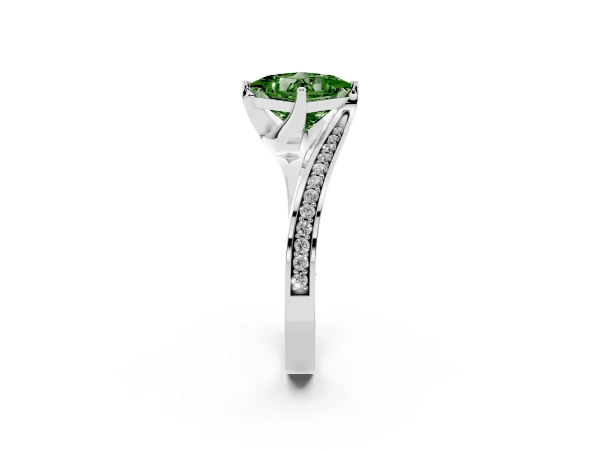 Fancy Green Princess Cut Solitaire Diamond Twist Band with Pavé Setting and Four-Prong Setting Silver