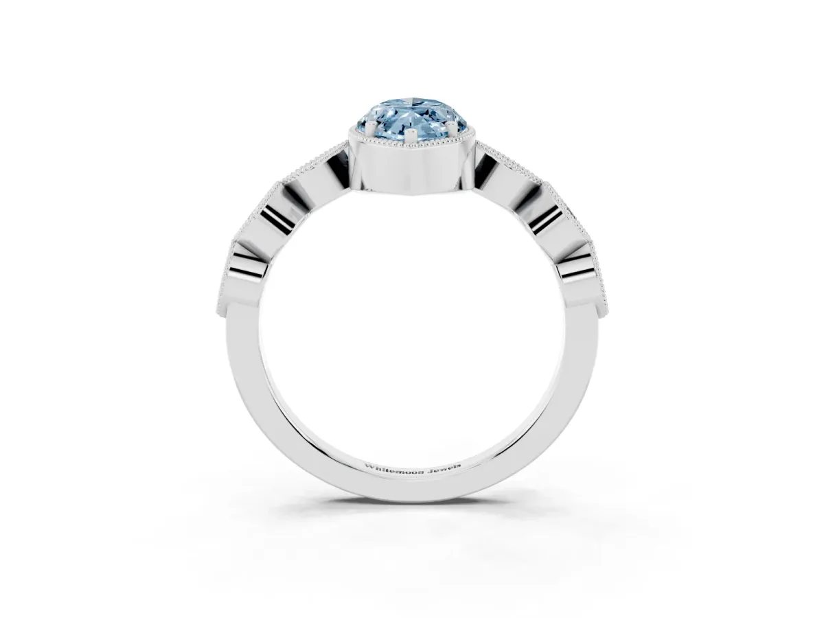 Fancy Blue Marquise Cut Diamond Vintage Milgrain Ring with Round Stations Silver