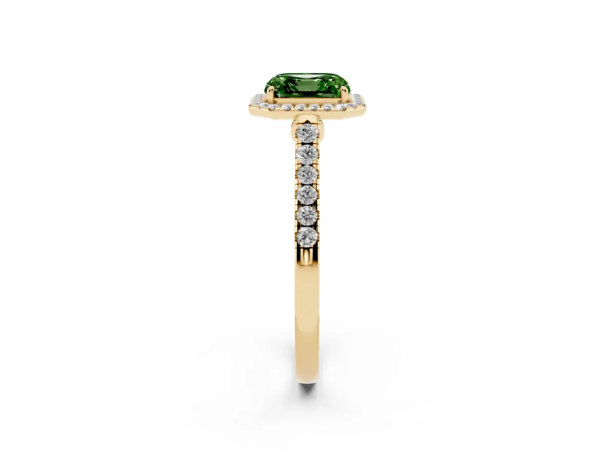 Fancy Green Asscher Cut Halo Pave Diamond Engagement Ring with Four-Prong Setting Yellow gold