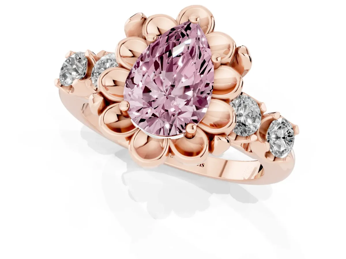 Fancy Pink Pear Cut Cut Diamond Floral Halo Engagement Ring with Shared Prong Setting Rose gold