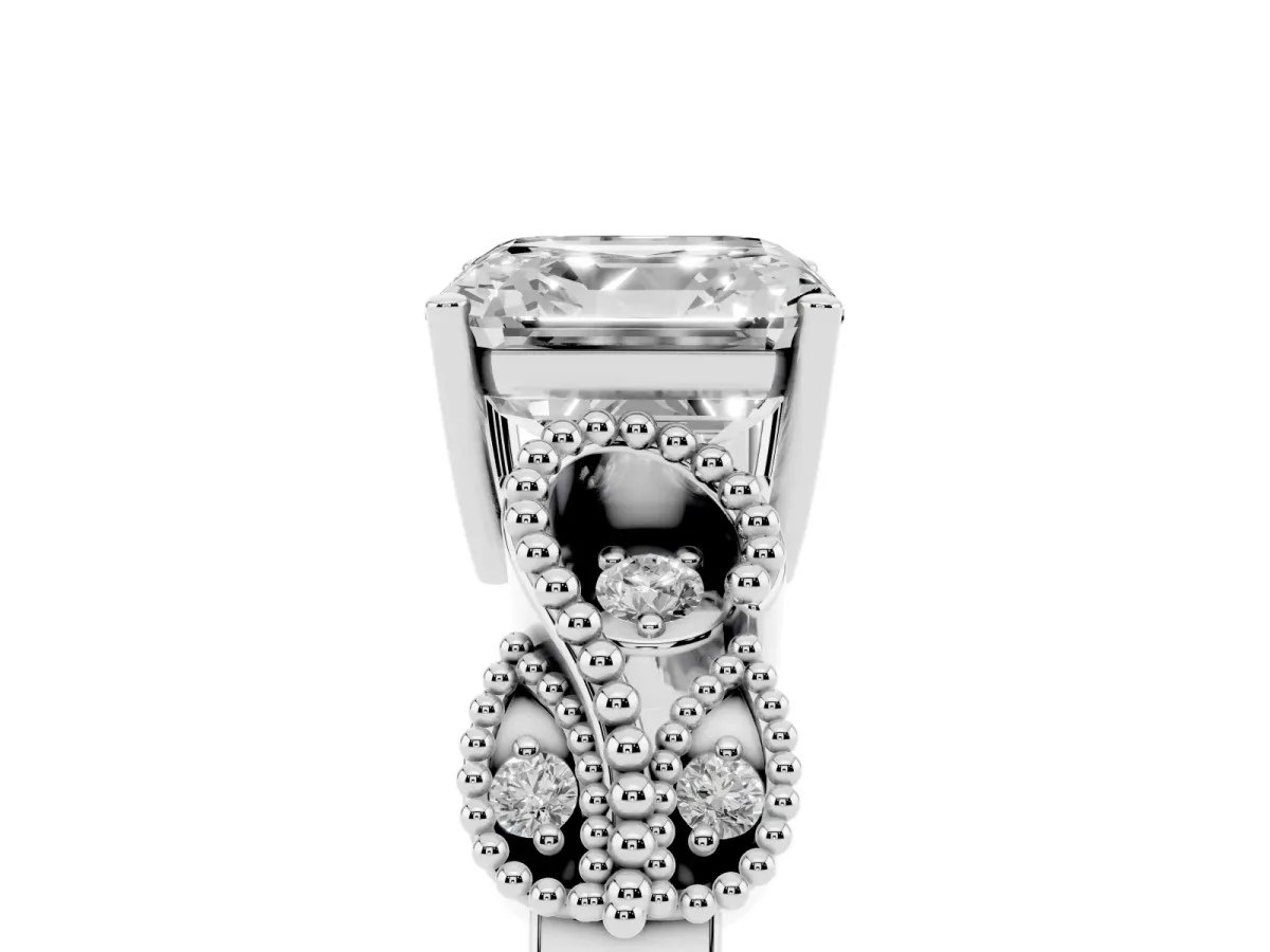 Asscher Cut Solitaire Milgrain Leaf Band with Prong Setting White gold