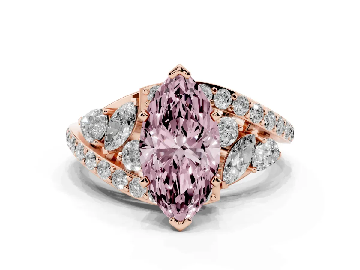 Fancy Pink Marquise Cut Diamond Halo Ring with Marquise and Pavé Band in Prong Setting Rose gold