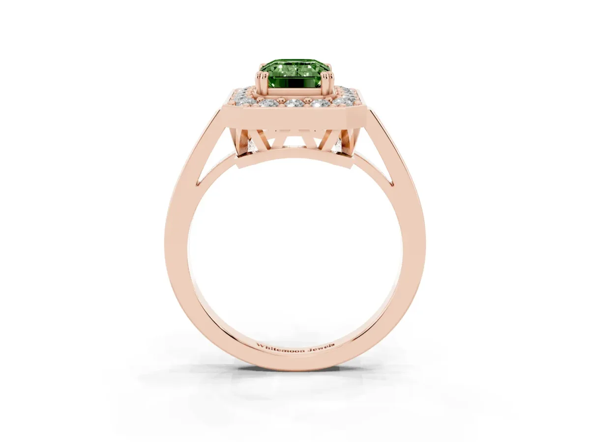 Fancy Green Emerald Cut Diamond Halo Ring with Split Shank and Four-Prong Setting Rose gold