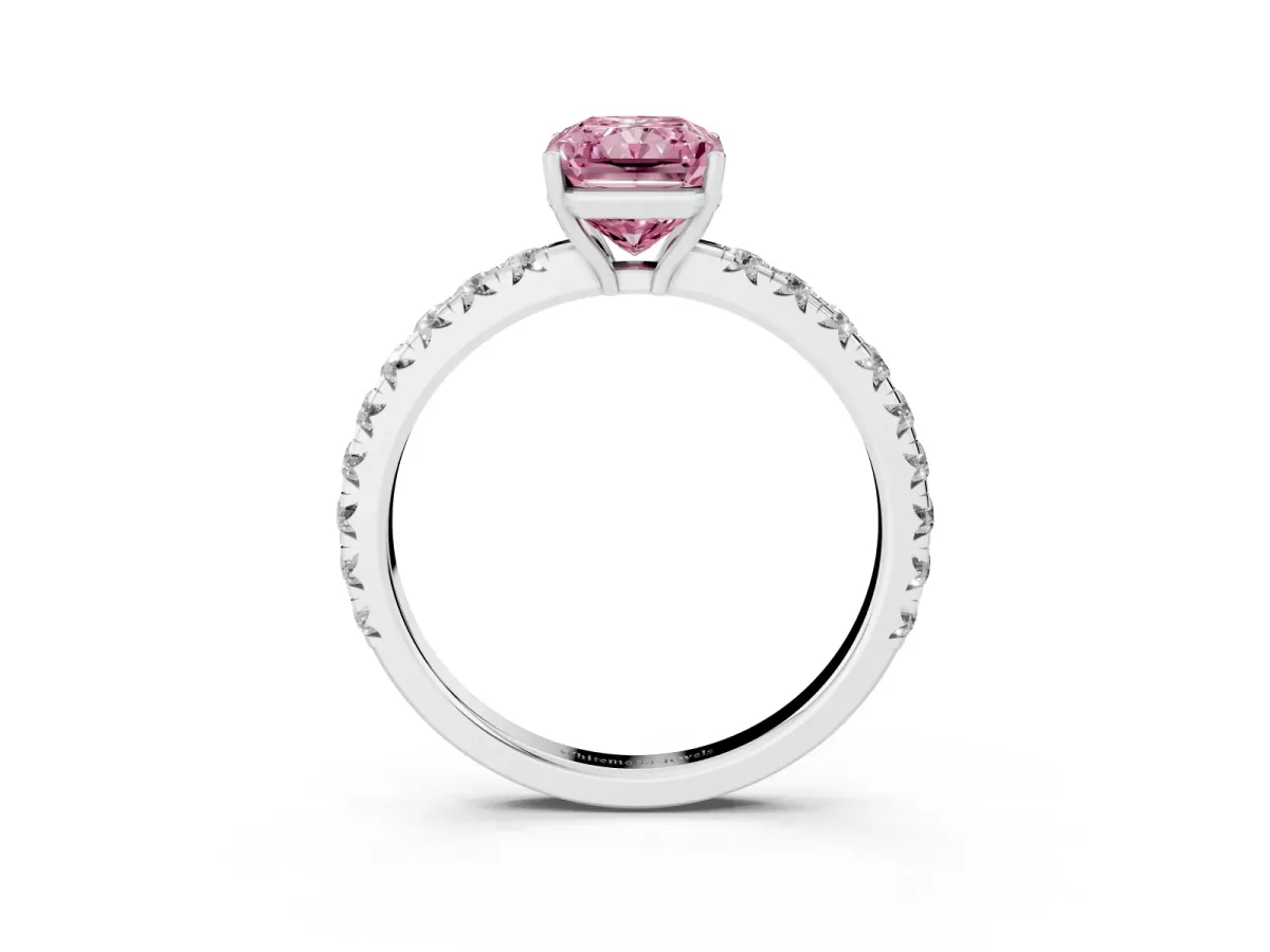 Fancy Pink Radiant Cut Diamond Pavé Solitaire Engagement Ring with Four-Prong Setting Silver