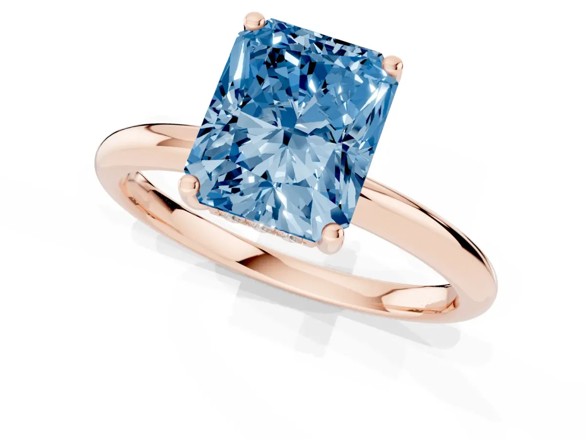 Fancy Blue Radiant Cut Cut Solitaire Engagement Ring with Four-Prong Setting and Classic Band Rose gold