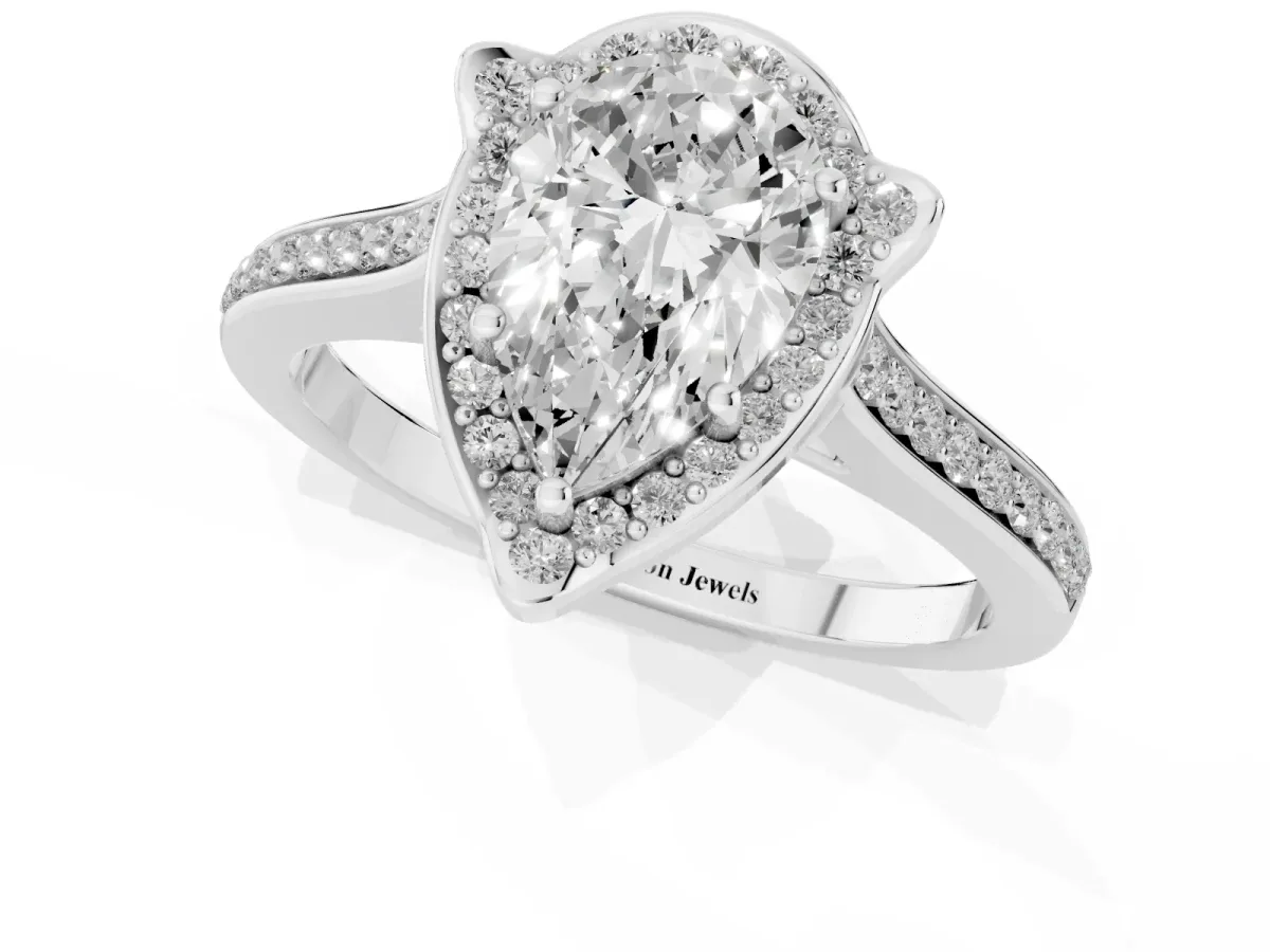 Pear Cut Halo Round Diamond Pave Band with Four-Prong Setting Silver