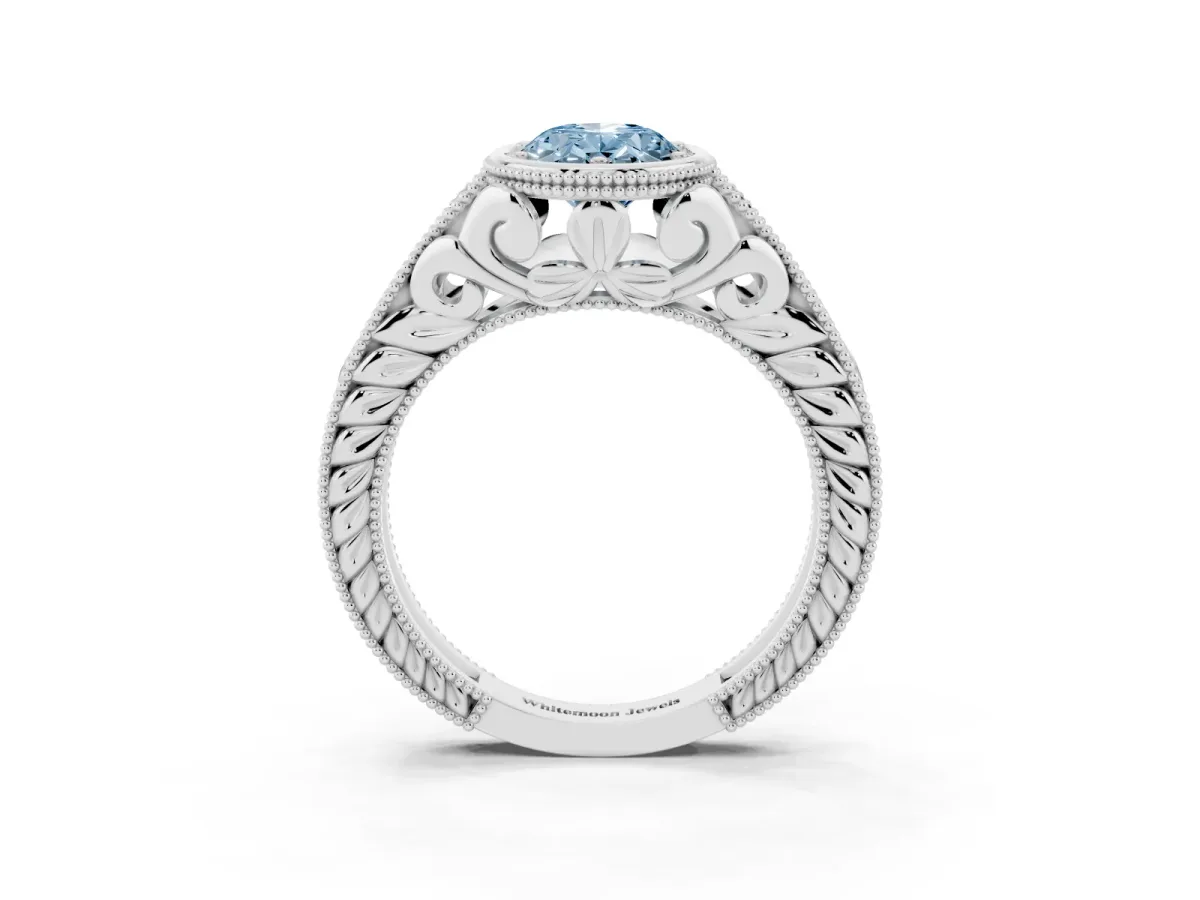 Fancy Blue Bezel Set Oval Cut Diamond Milgrain Pave Engagement Ring Silver