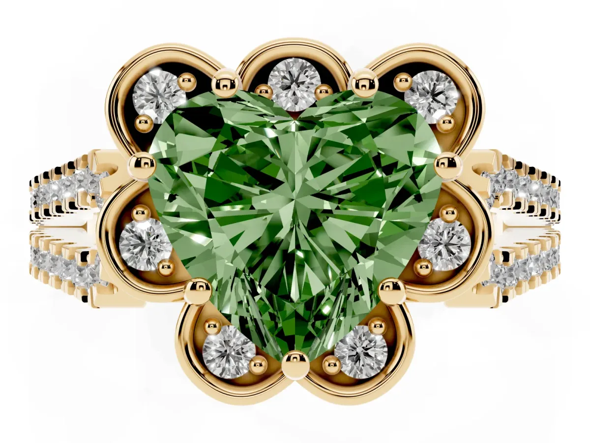 Fancy Green Heart Cut Halo Diamond Floral Split Shank Engagement Ring Yellow gold