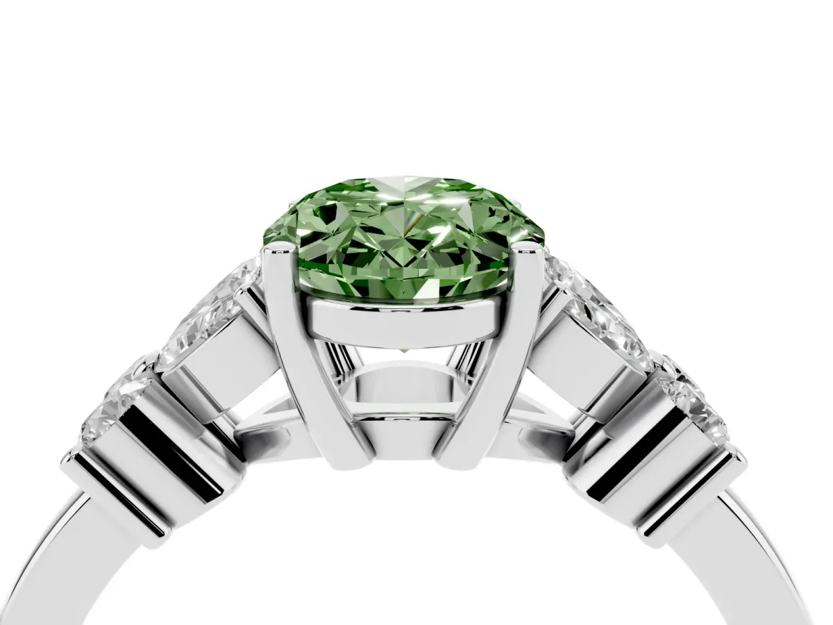 Fancy Green Oval Cut Diamond Floral Cluster Ring with Solitaire Band and Prong Setting White gold