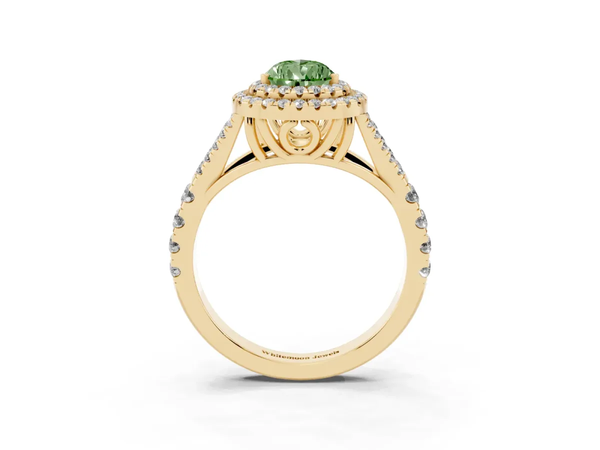 Fancy Green Pear Cut Diamond Double Halo Ring with Split Shank and Prong Setting Yellow gold