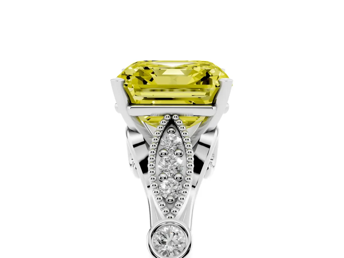Fancy Yellow Asscher Cut Cut Diamond with Milgrain Marquise and Bezel Accents on a Solitaire Band with Prong Setting White gold