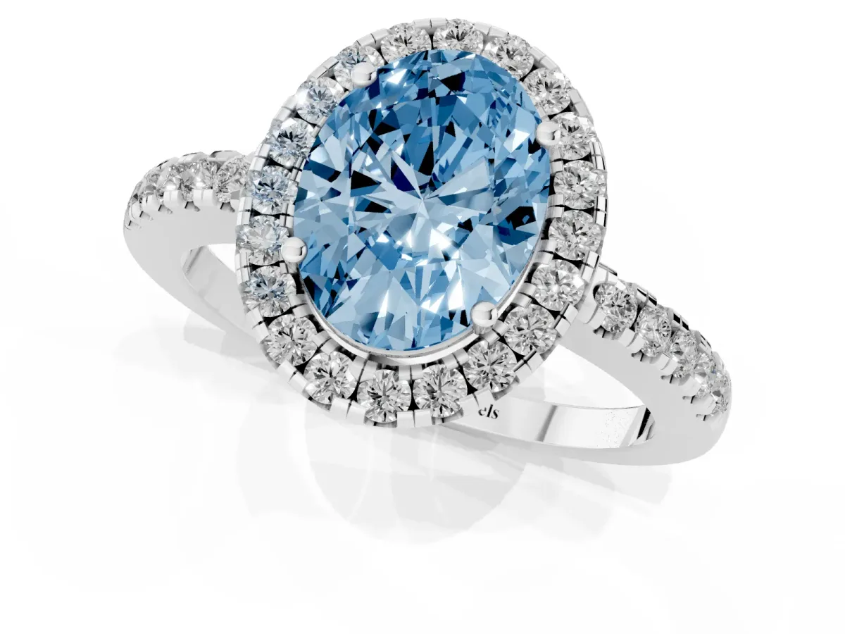 Fancy Blue Oval Cut Halo Diamond Engagement Ring with Pavé Band and Four-Prong Setting White gold