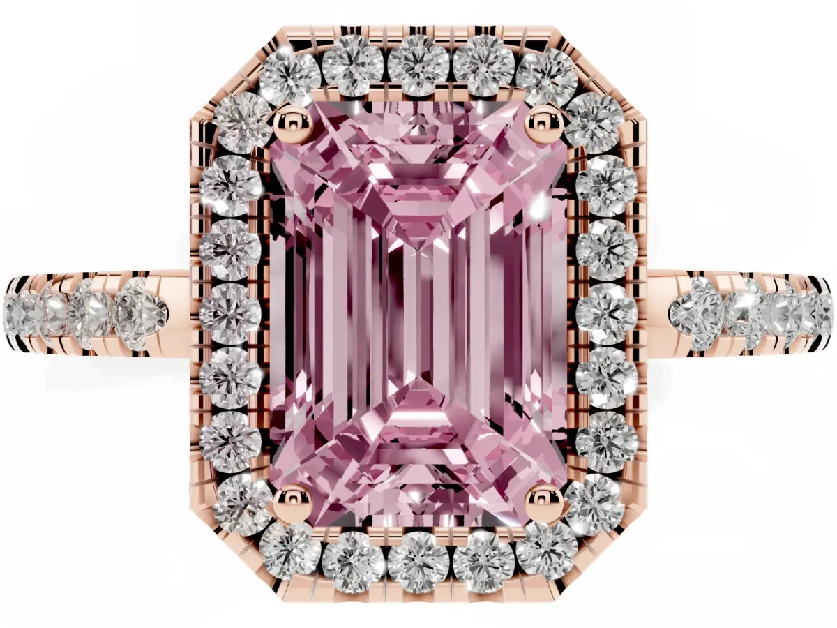 Fancy Pink Emerald Cut Halo Diamond Engagement Ring with Pavé Band and Four-Prong Setting Rose gold