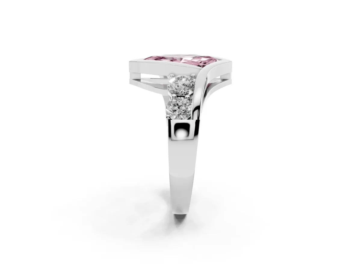 Fancy Pink Bezel Set Marquise Cut Diamond Bypass Ring with Round Accents Silver