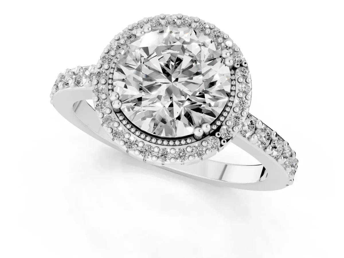 Round Cut Cut Diamond Halo Engagement Ring with Milgrain Detail and Pavé Band Silver