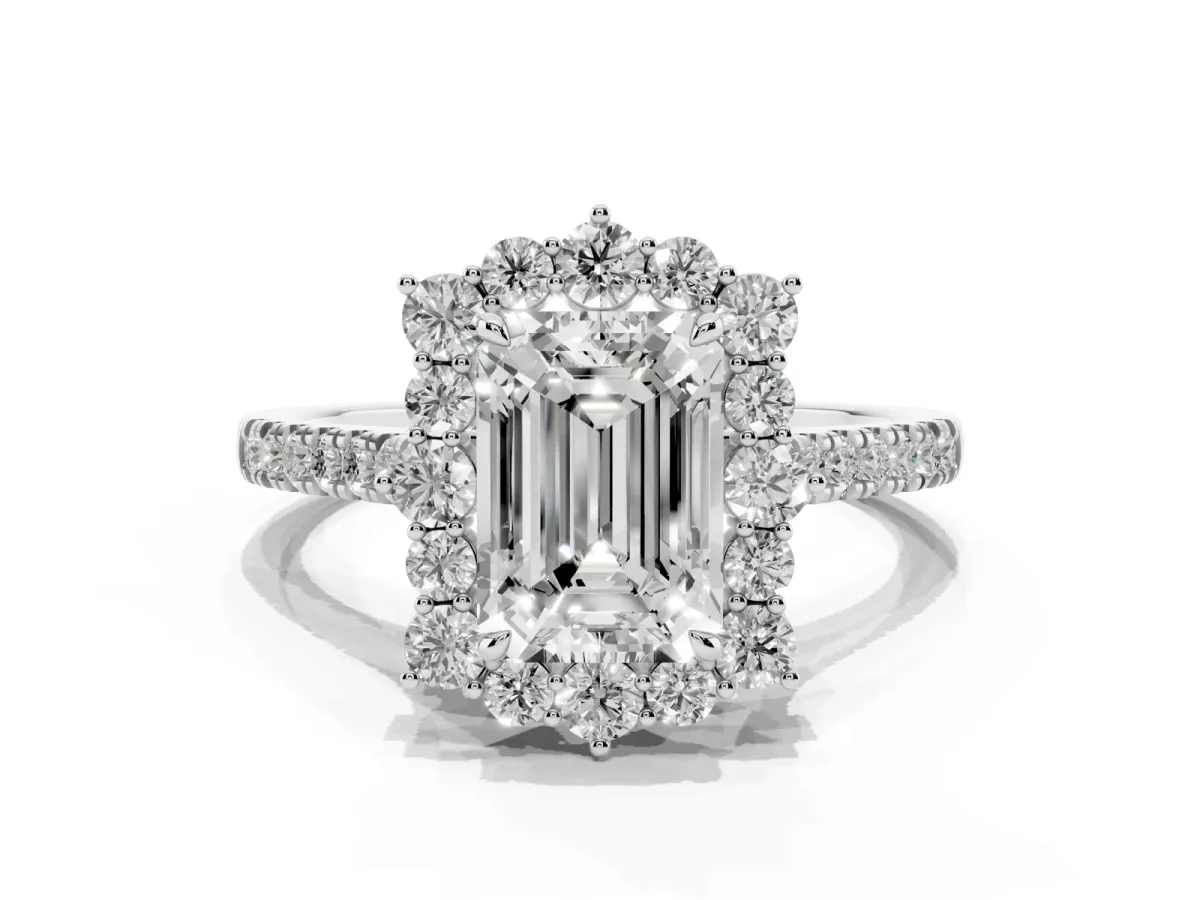 Emerald Cut Halo Diamond Ring with Pavé Band and Prong Setting Silver