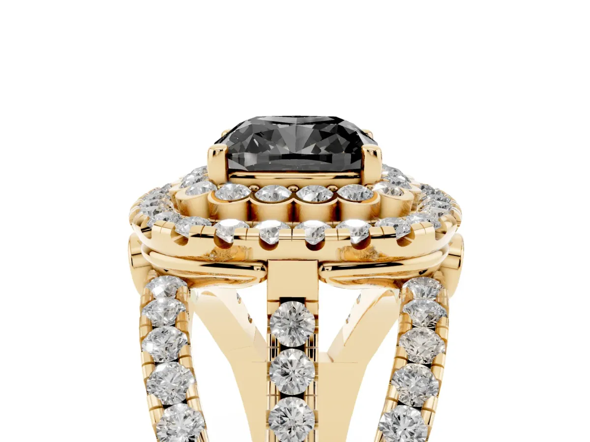 Fancy Black Cushion Cut Diamond Double Halo Ring with Round Pavé Split Shank and Prong Setting Yellow gold