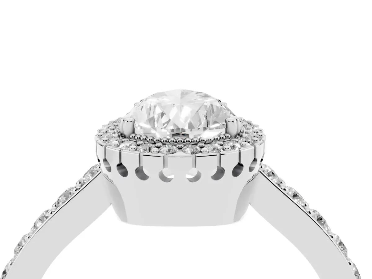 Pear Cut Cut Diamond Halo Engagement Ring with Milgrain Detail and Pavé Band White gold