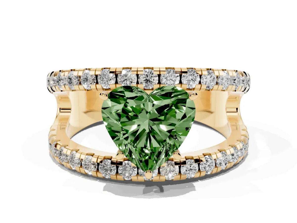 Fancy Green Heart Cut Solitaire Split Shank Pave Diamond Ring Yellow gold