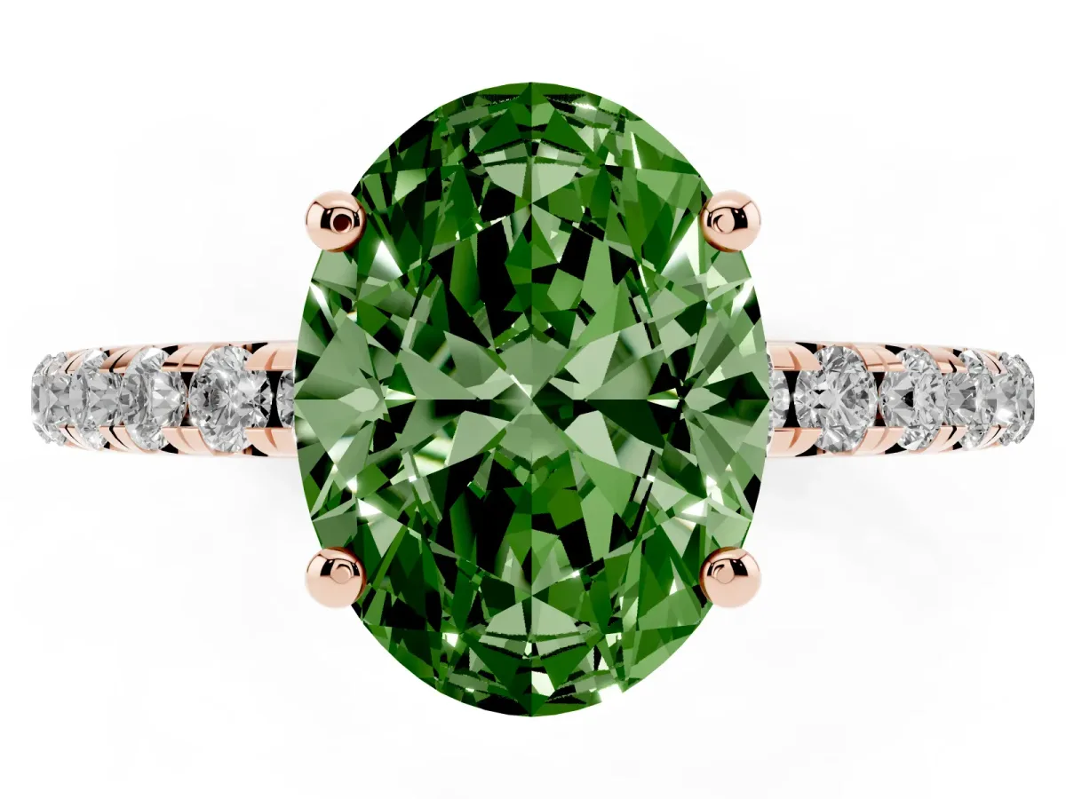 Fancy Green Oval Cut Cut Diamond Solitaire Ring with Micro Pave Band and Four Prong Setting Rose gold