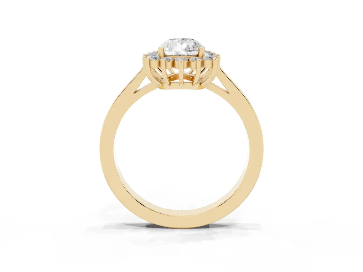 Pear Cut Cut Diamond Halo Ring with Round Brilliant Halo and Solitaire Band Yellow gold