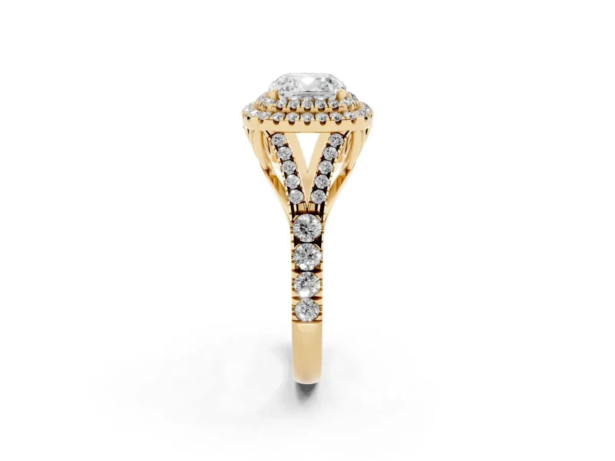 Cushion Cut Diamond Pavé Split Shank Double Halo Engagement Ring Yellow gold