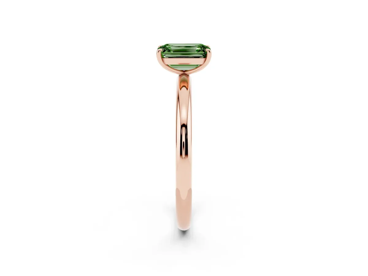 Fancy Green Emerald Cut Solitaire Diamond Ring with Four-Prong Setting on a Plain Band Rose gold