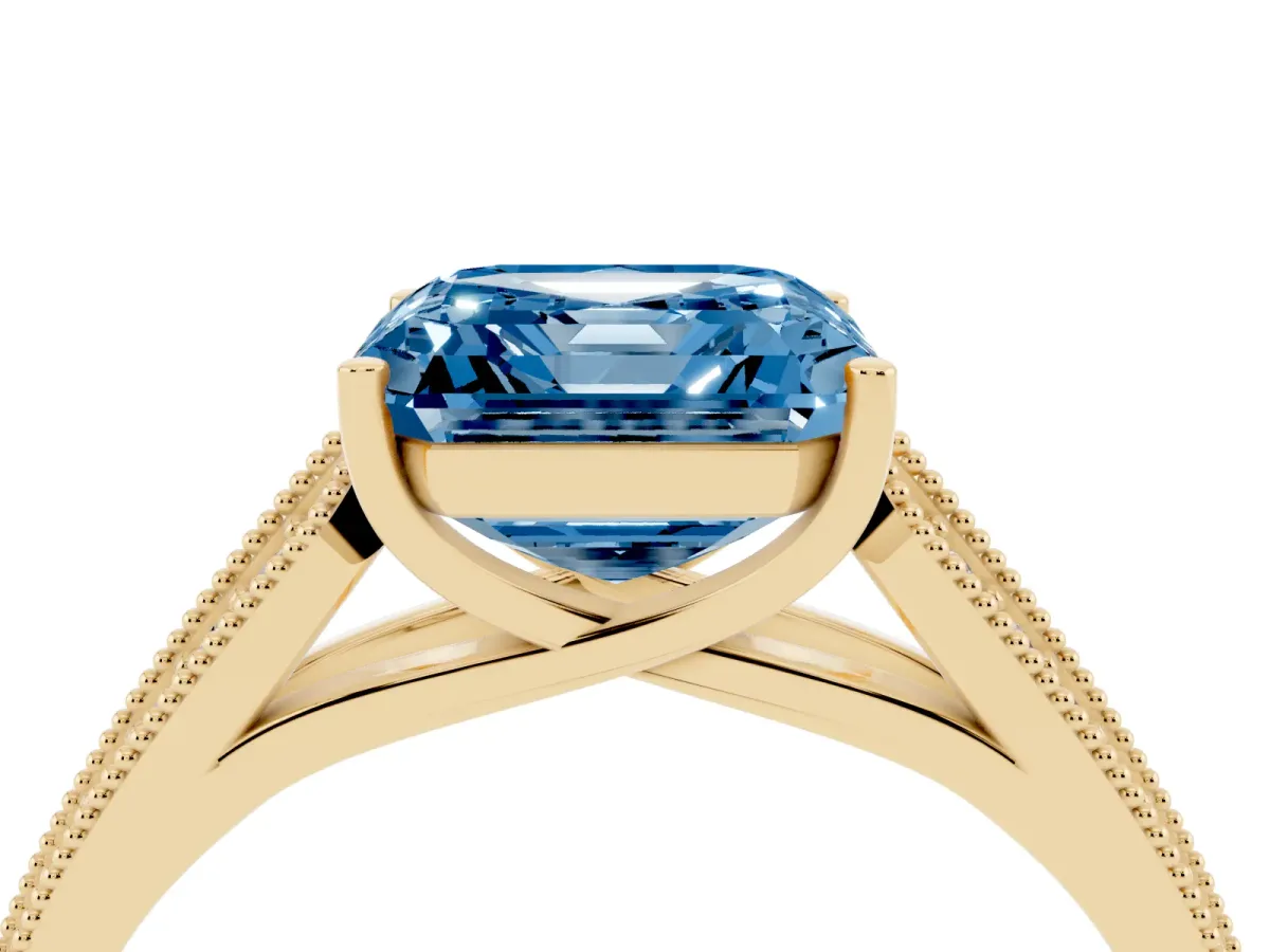 Fancy Blue Asscher Cut Cut Pave Split Shank Engagement Ring with Four-Prong Setting Yellow gold