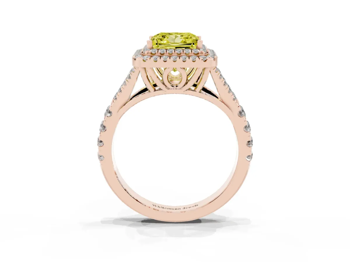 Fancy Yellow Double Halo Princess Cut Diamond Split Shank Engagement Ring with Four-Prong Setting Rose gold
