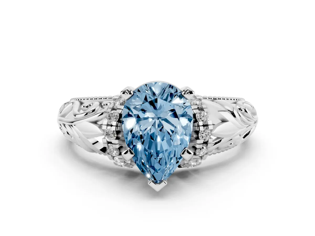 Fancy Blue Pear Cut Solitaire Filigree Engagement Ring with Halo and Prong Setting Silver