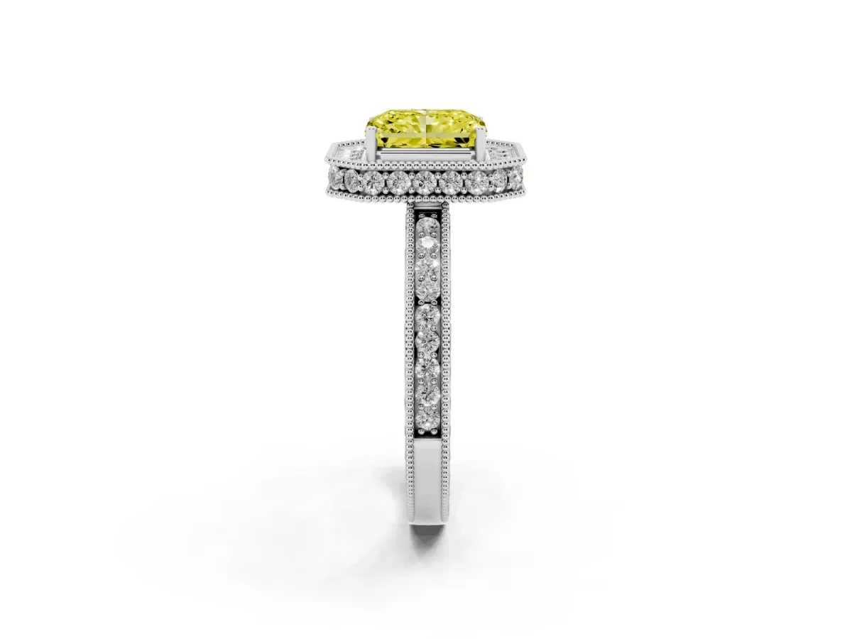 Fancy Yellow Radiant Cut Diamond Milgrain Halo Engagement Ring with Round Pavé Band and Prong Setting Silver