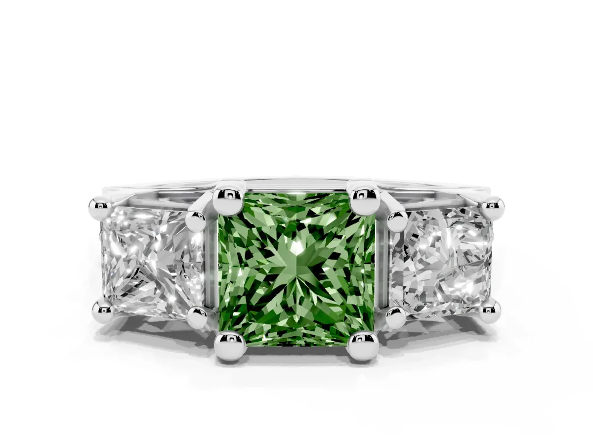 Fancy Green Princess Cut Diamond Three-Stone Ring with Channel Set Band and Four-Prong Setting Silver