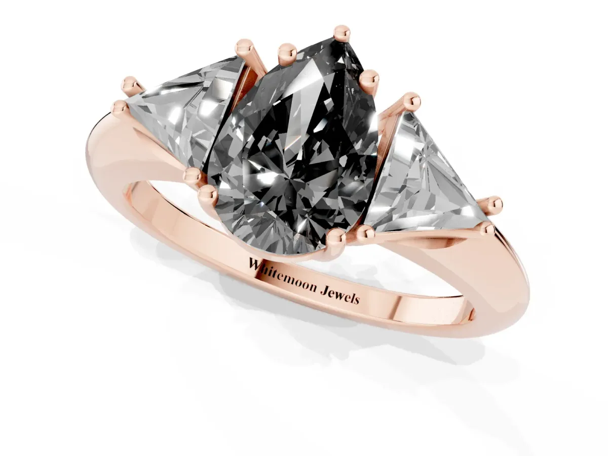 Fancy Black Three-Stone Pear Cut Diamond Engagement Ring with Trillion Side Stones and Prong Setting Rose gold