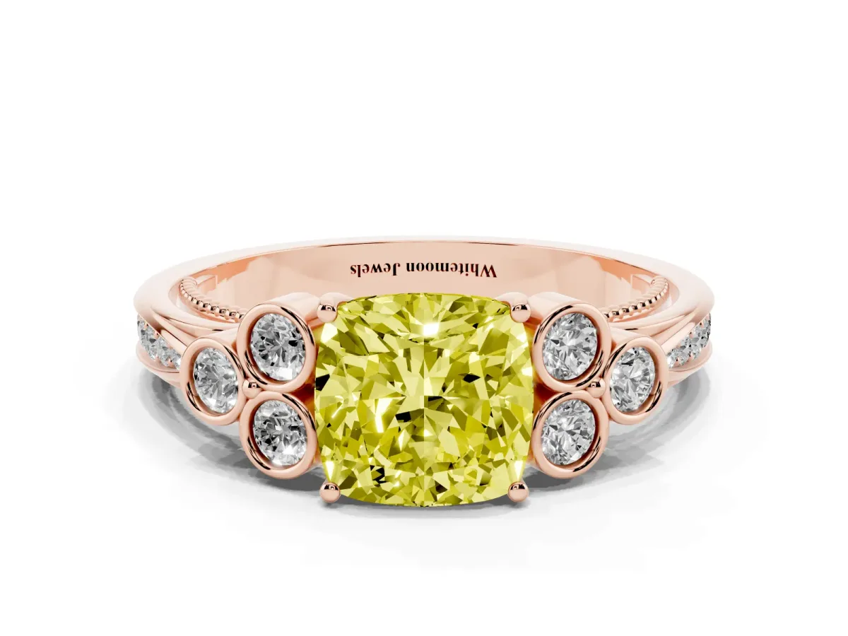 Fancy Yellow Cushion Cut Cut Diamond Engagement Ring with Bezel Set Round Side Stones and Prong Setting Rose gold