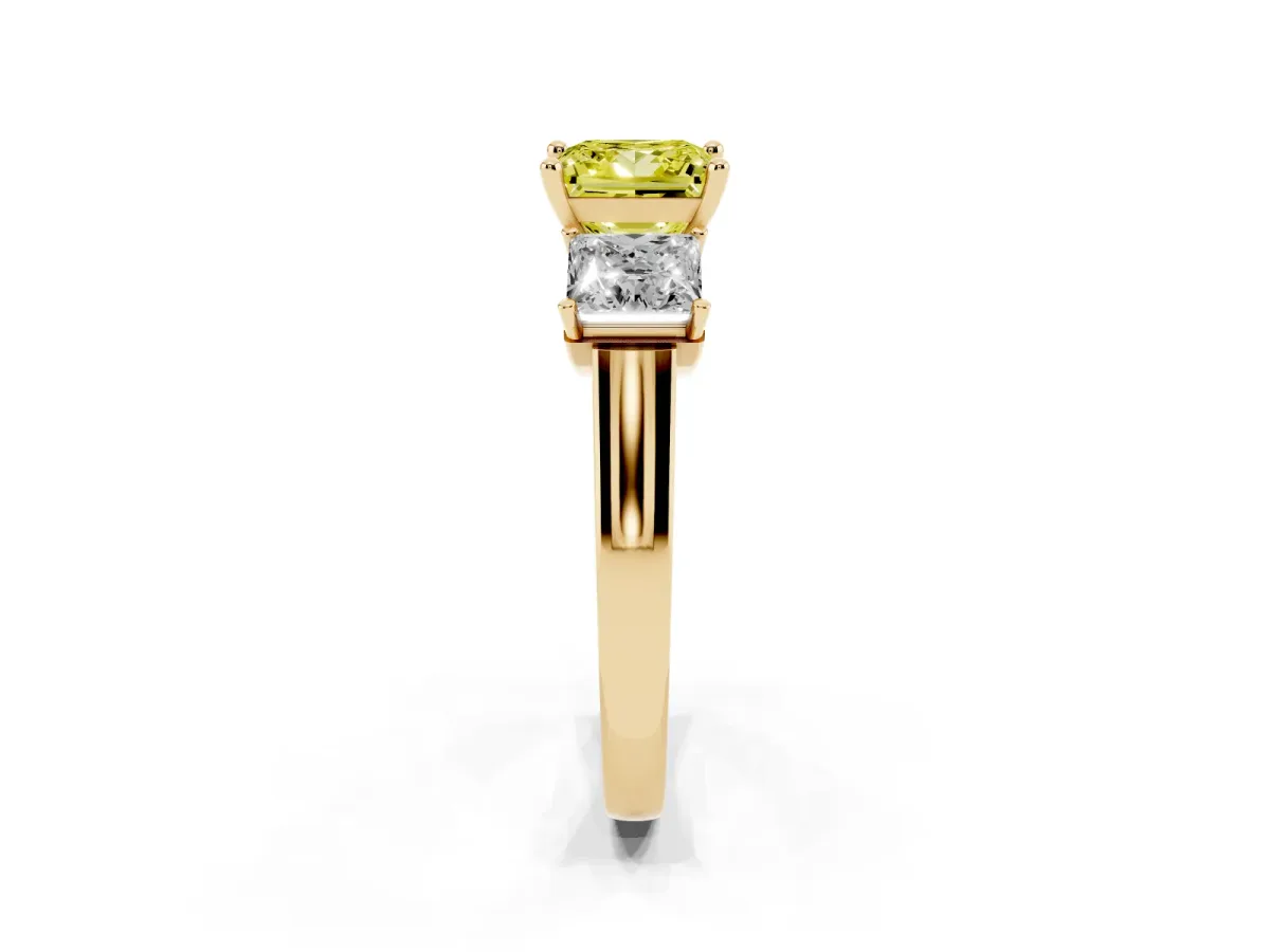 Fancy Yellow Three-Stone Princess Cut Brilliant Diamond Trellis Ring with Comfort Fit Band Yellow gold