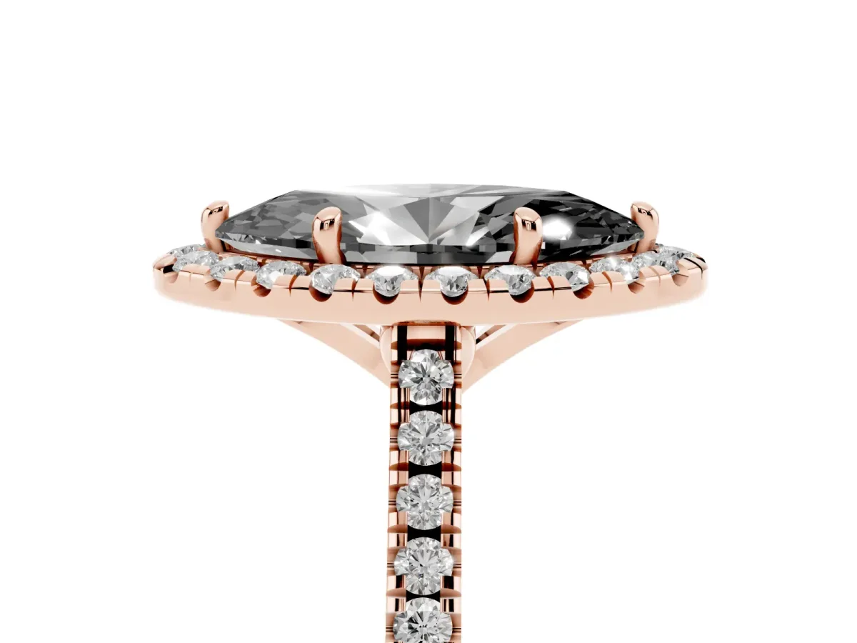 Fancy Black Marquise Cut Diamond Cushion Halo Ring with Pavé Band Rose gold