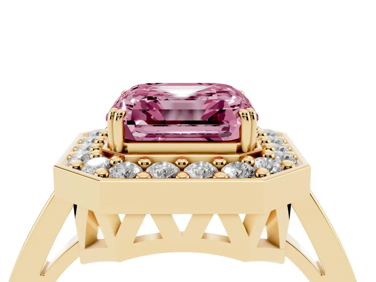 Fancy Pink Asscher Cut Diamond Halo Ring with Split Shank and Four-Prong Setting Yellow gold