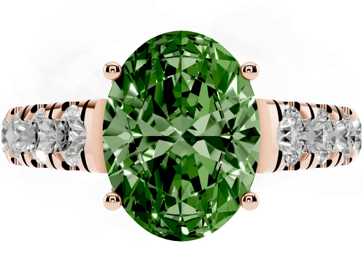 Fancy Green Oval Cut Cut Diamond Solitaire Ring with Micro Pave Band and Prong Setting Rose gold